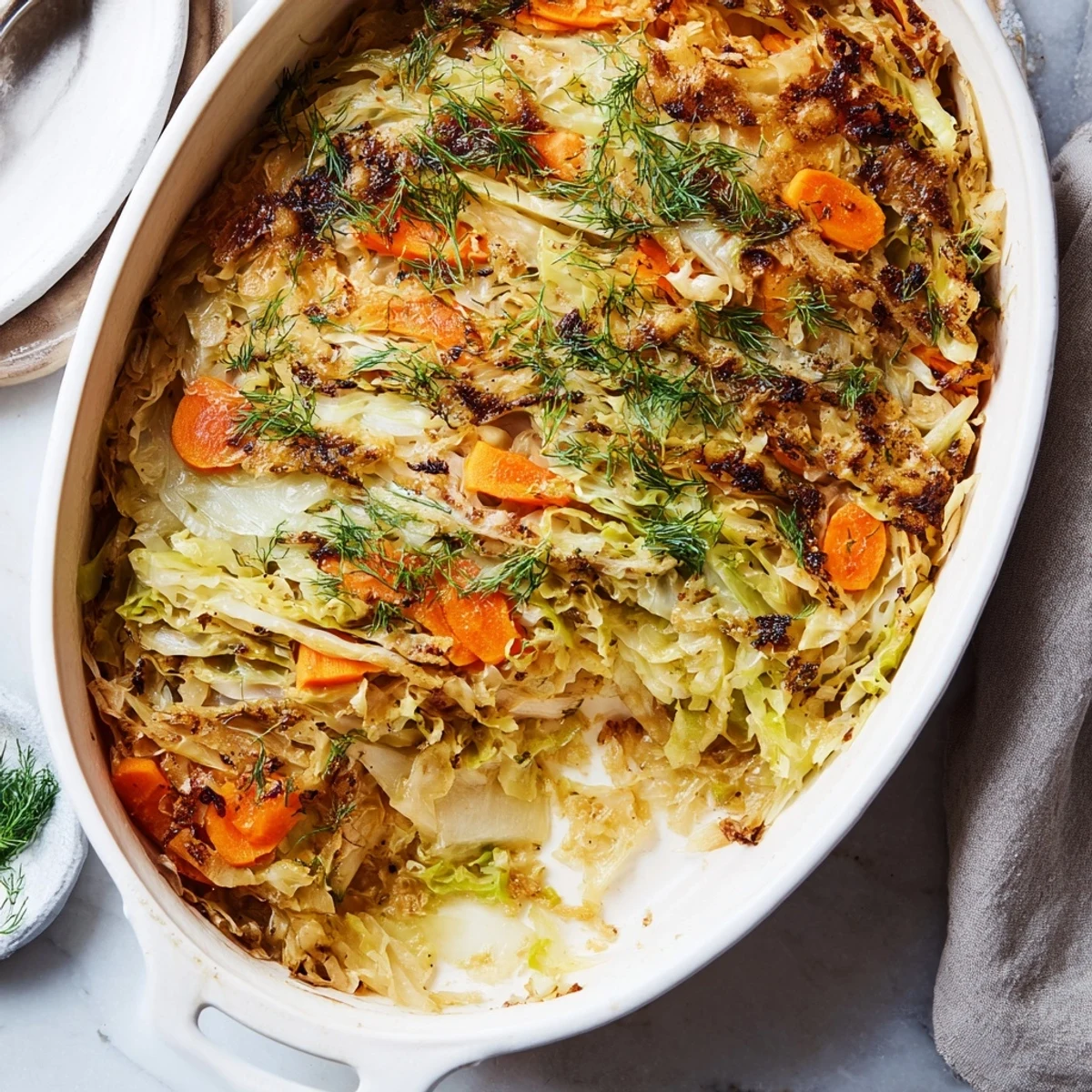 Vegetarian slow roasted cabbage and sauerkraut casserole served in a white baking dish