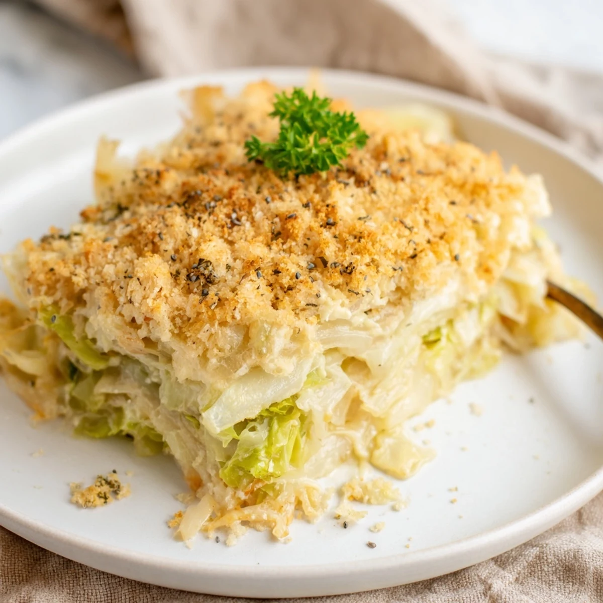 Slow Roasted Cabbage And Sauerkraut Casserole with golden breadcrumb crust, steaming