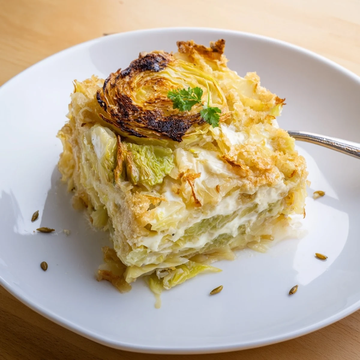 Hearty Slow Roasted Cabbage And Sauerkraut Casserole served with rye bread and mustard
