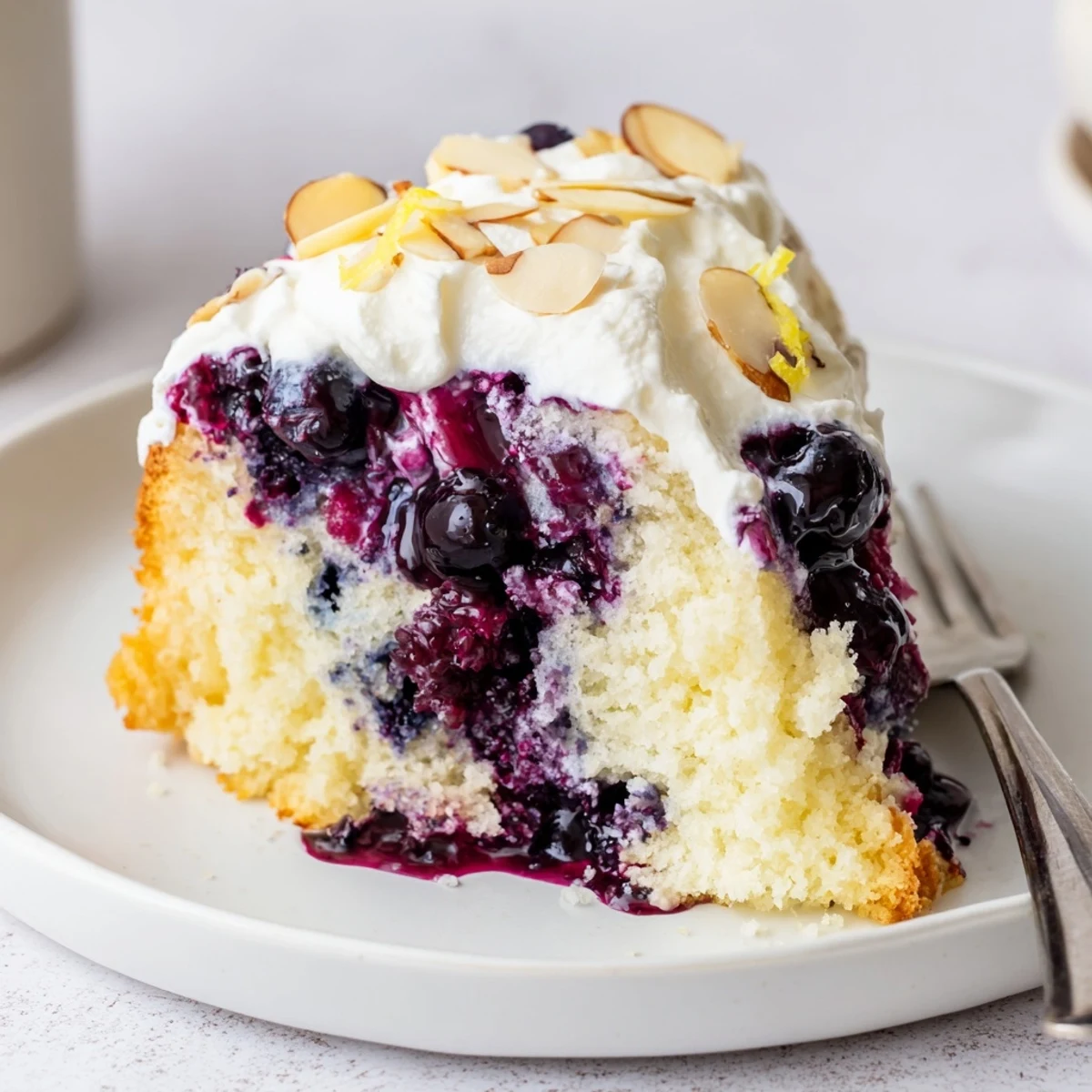 Warm Lemon Blueberry Poke Cake With Almond Topping, zesty lemon scent, toasted almonds.