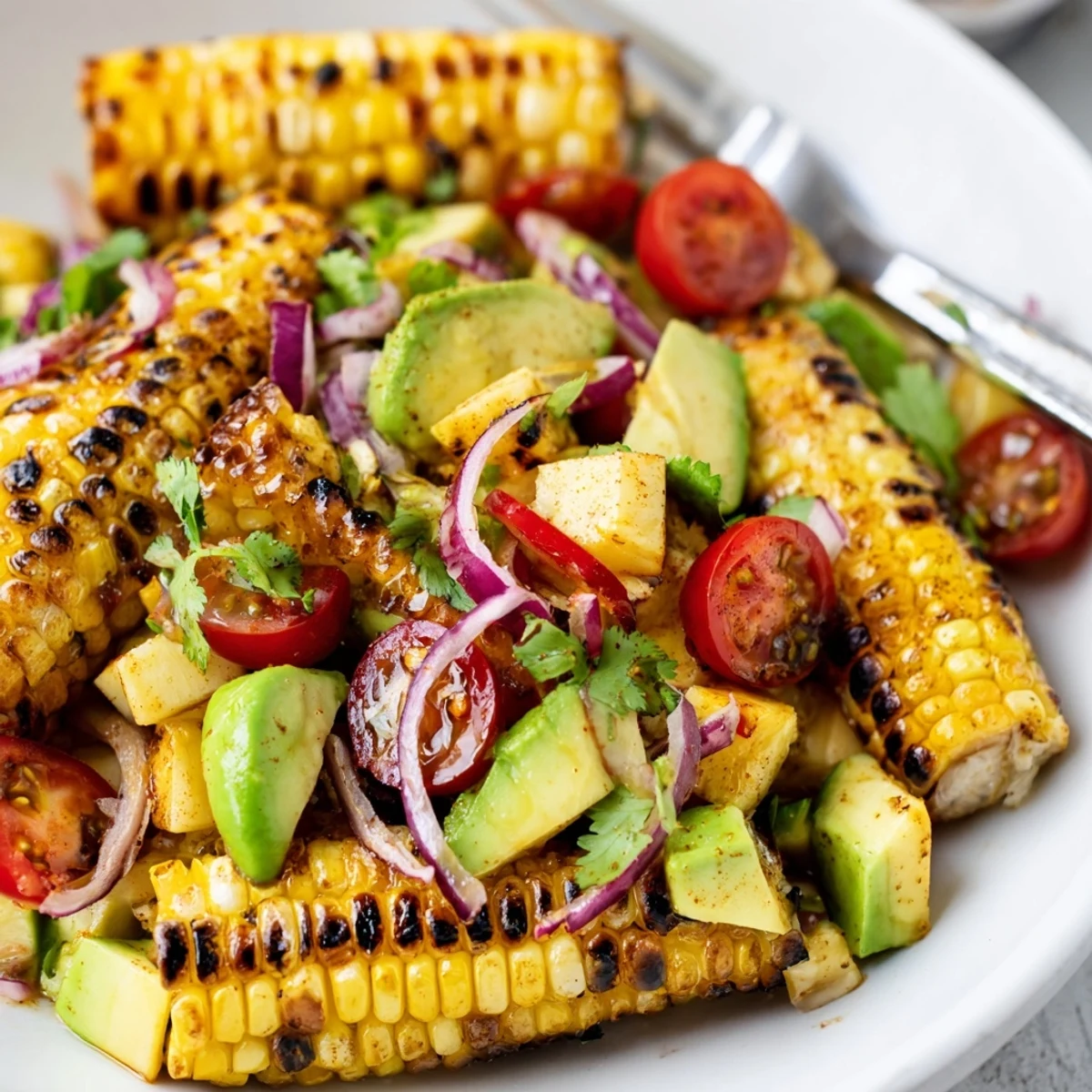 Tropical Charred Corn And Avocado Salad showing smoky grill marks, creamy green flesh