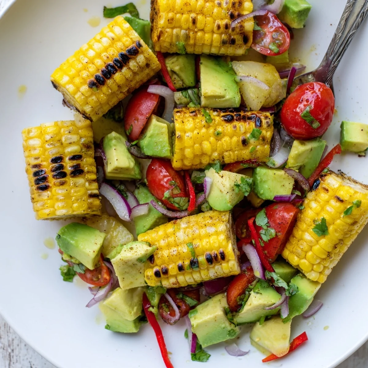 Tropical Charred Corn And Avocado Salad tossed with juicy pineapple, lime, cilantro