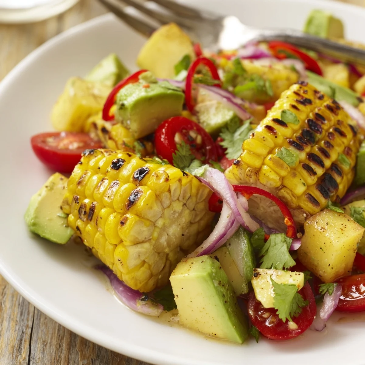 Serve Tropical Charred Corn And Avocado Salad chilled with tortilla chips, vibrant colors