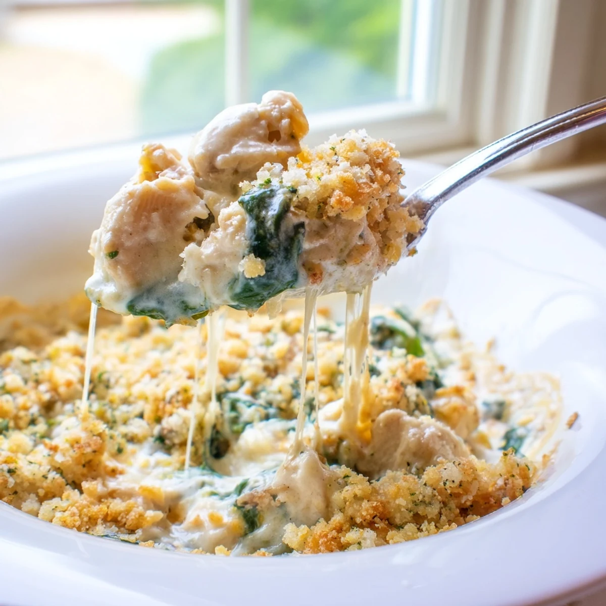 Golden bubbling creamy chicken spinach casserole fresh from the oven with melted cheese topping