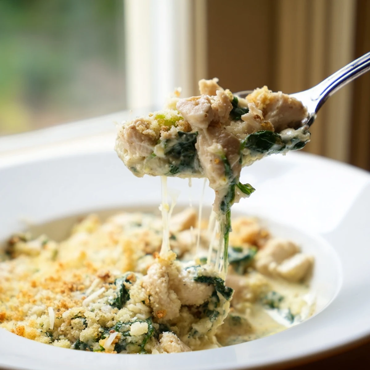 Creamy chicken spinach casserole scooped onto a plate revealing tender chicken and vibrant greens