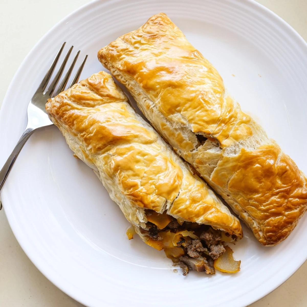 Crispy Greggs inspired steak and cheese roll sliced open revealing tender beef and melted cheddar filling