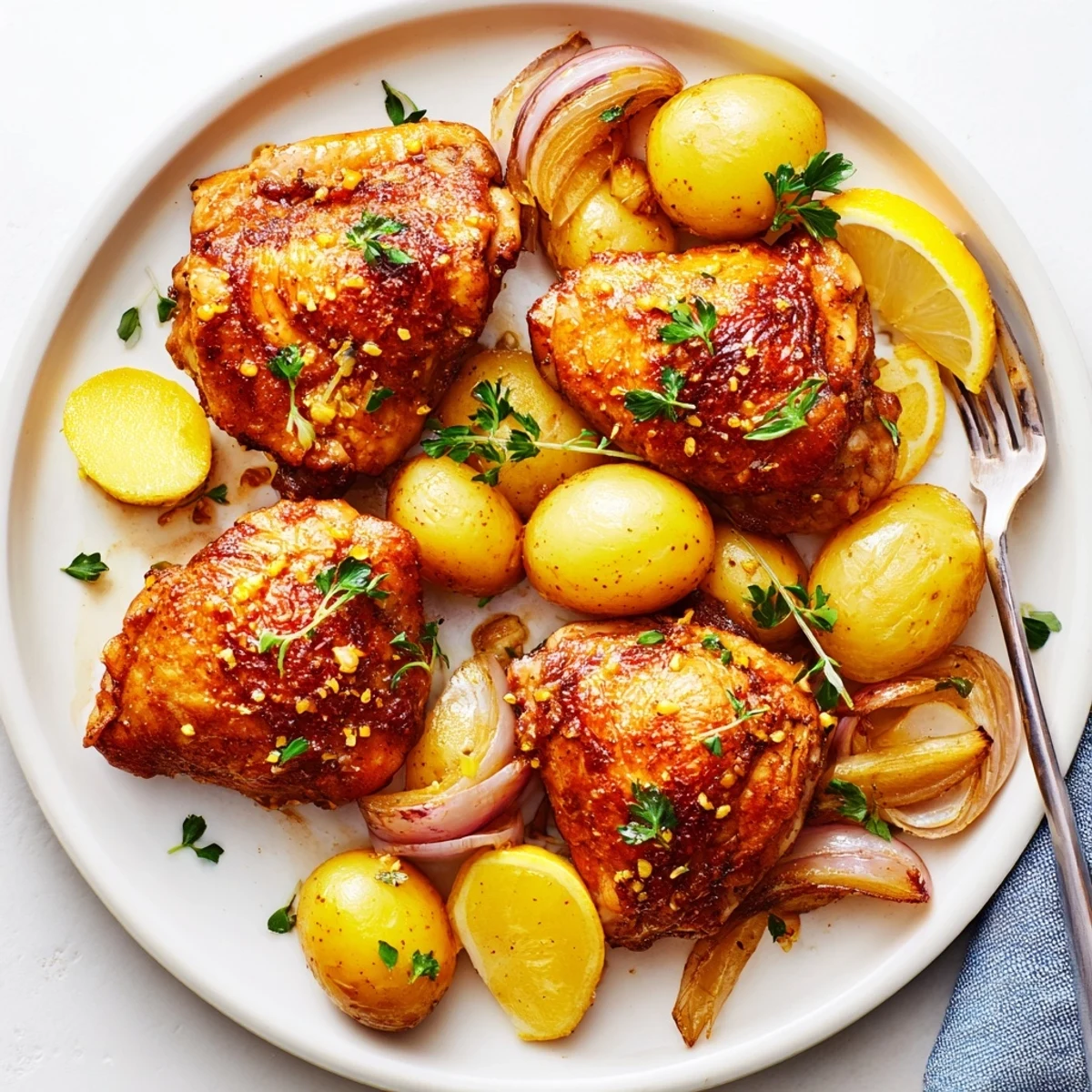 Golden baked honey lemon chicken and potatoes glistening with tangy sweet sauce