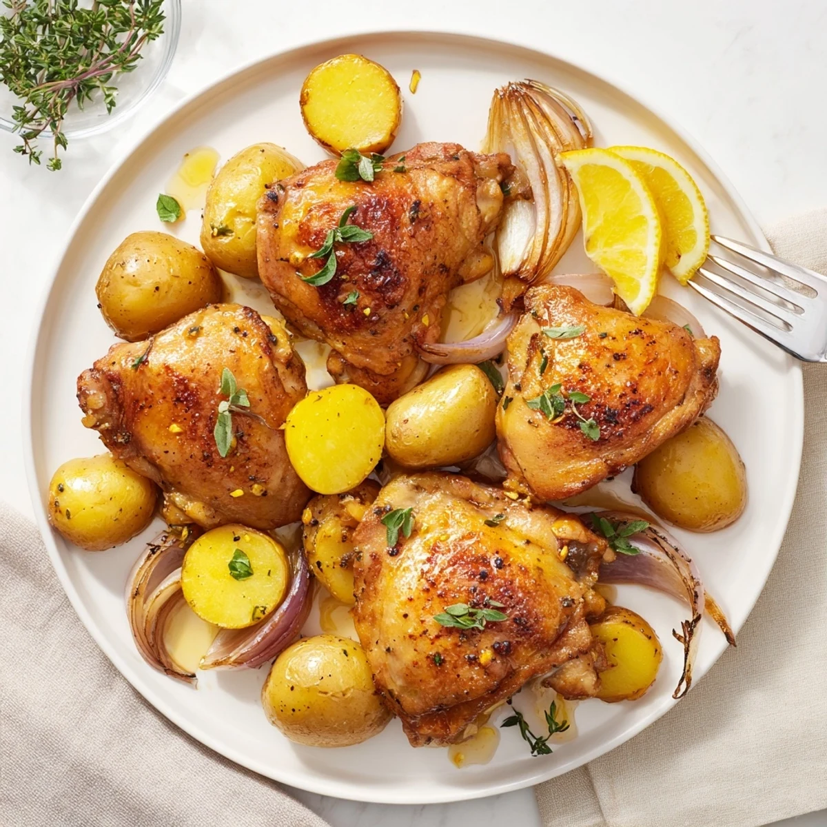 Crispy skinned baked honey lemon chicken and potatoes drizzled in sticky glaze