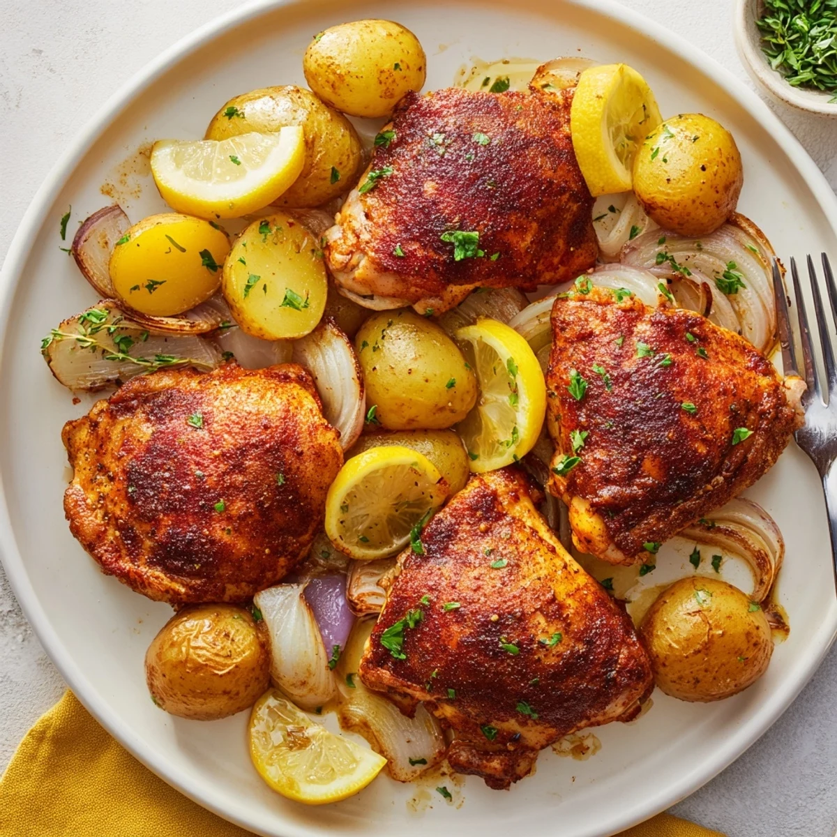 Juicy baked honey lemon chicken and potatoes garnished with fresh parsley and lemon slices