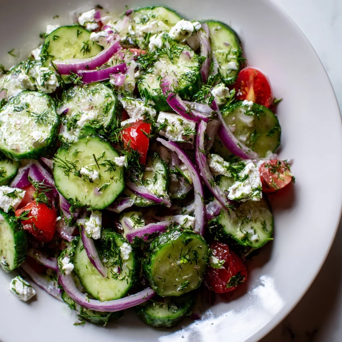 Crisp cucumber and crumbled feta tossed with fresh dill and mint in this vibrant Feta Cucumber Herb Salad.
