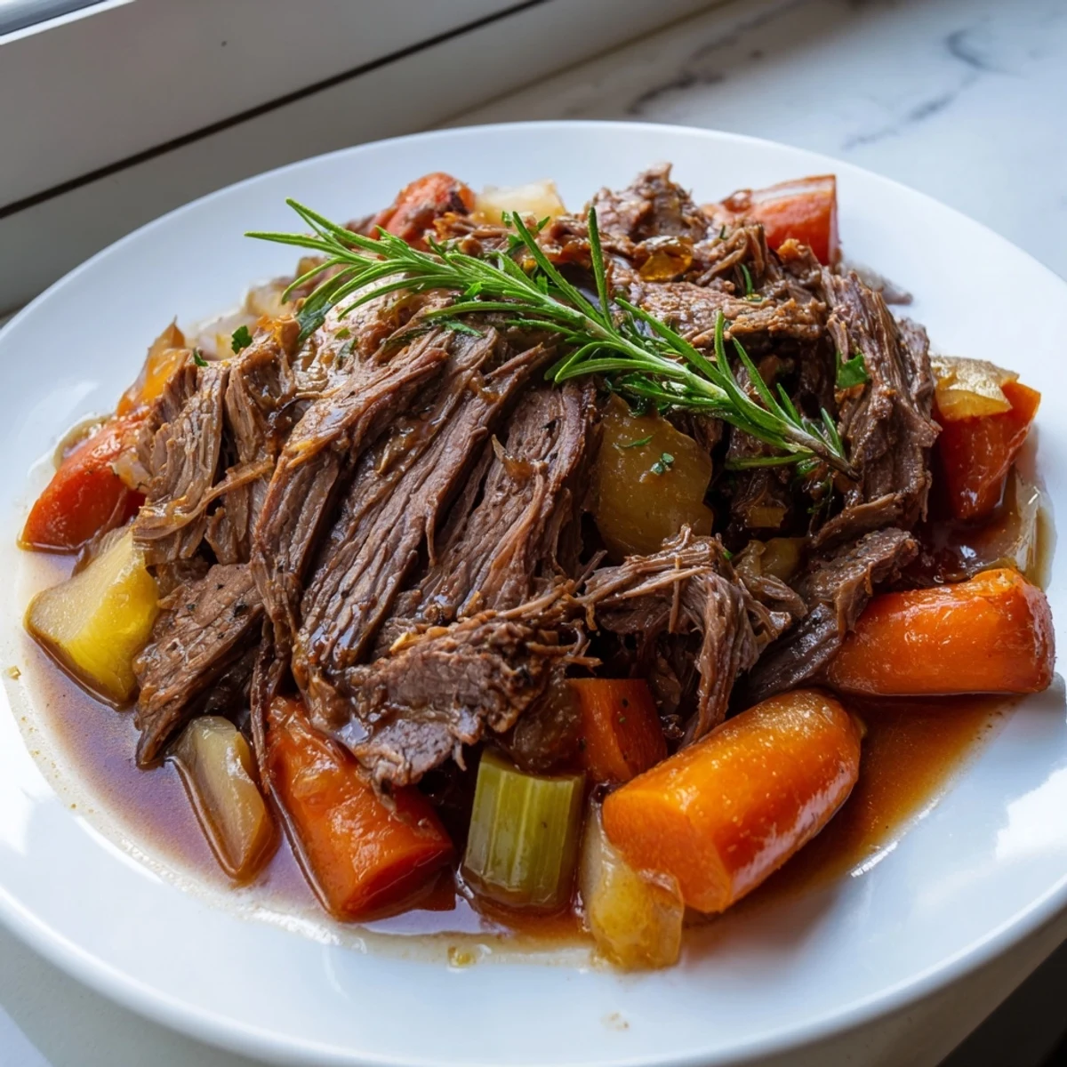 Hearty perfect pot roast nestled among rustic root vegetables in a Dutch oven