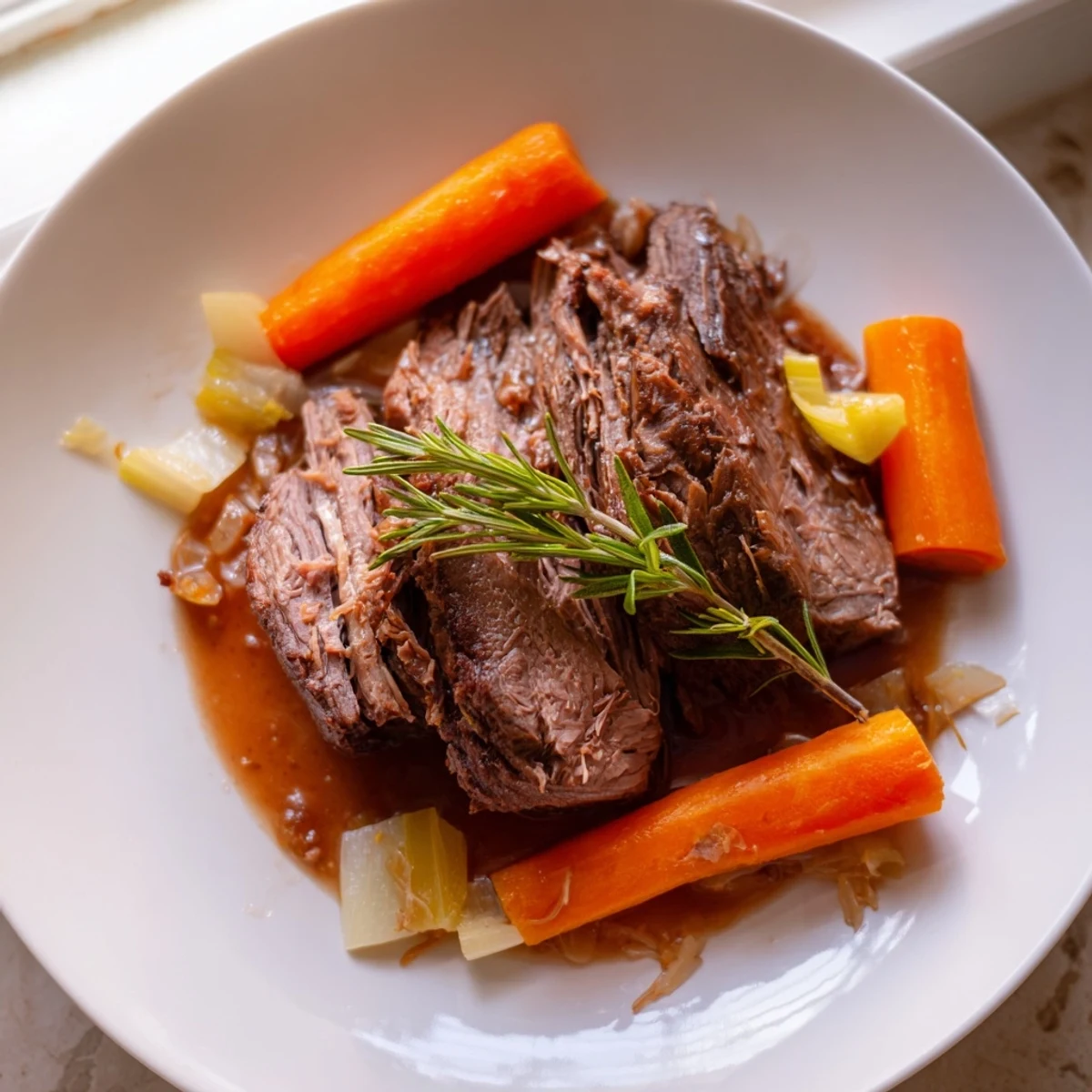 Perfect pot roast sliced thick beside fork-tender vegetables drenched in pan juices