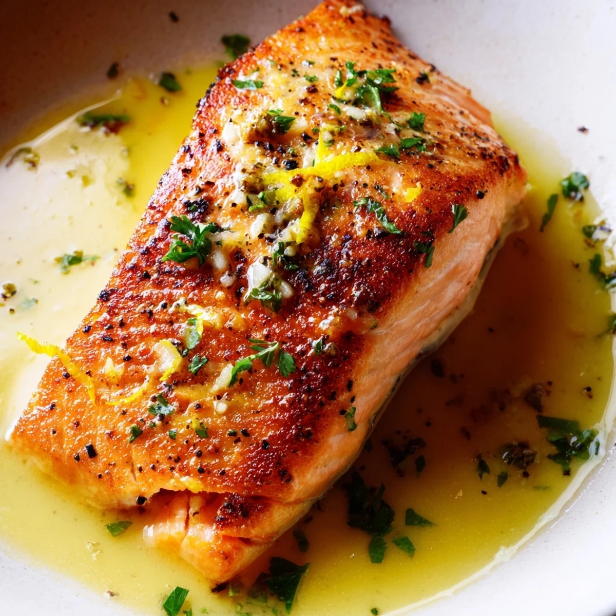 Crispy-skinned garlic butter salmon drizzled with rich, melted lemon parsley butter