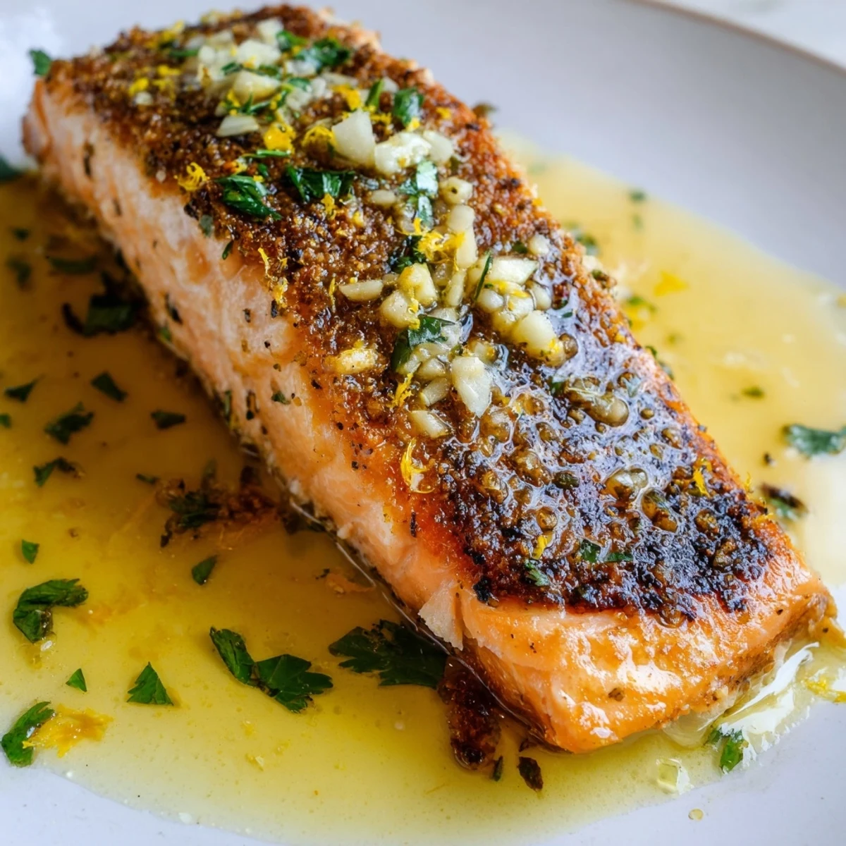 Golden garlic butter salmon fillets glistening in a zesty lemon herb pan sauce