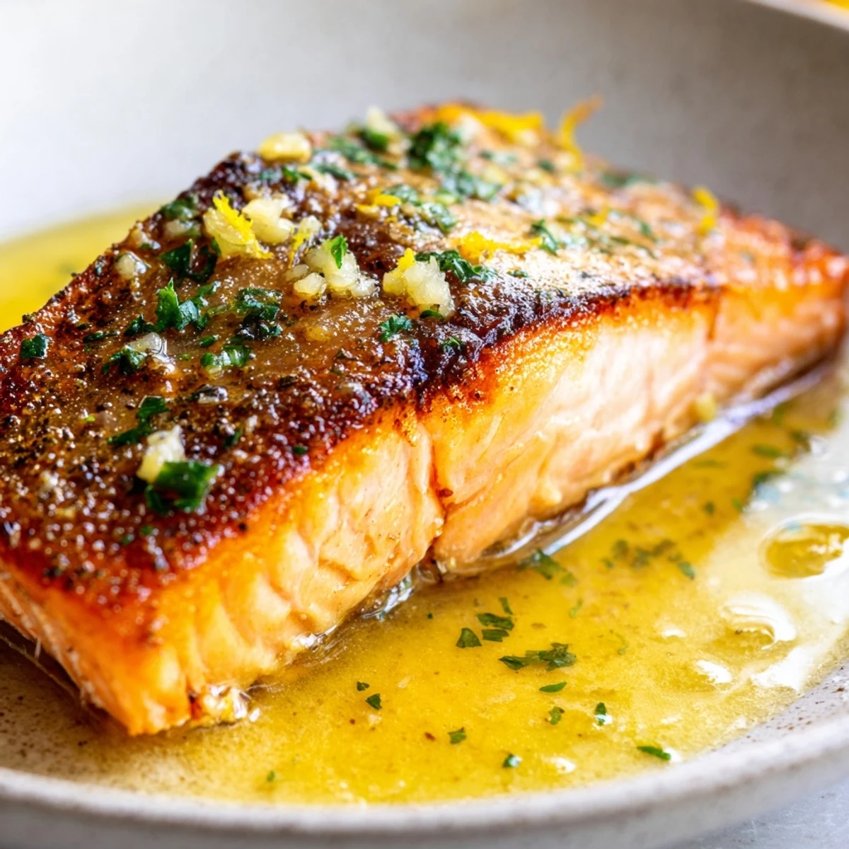 Tender garlic butter salmon topped with fresh parsley and bright lemon wedges