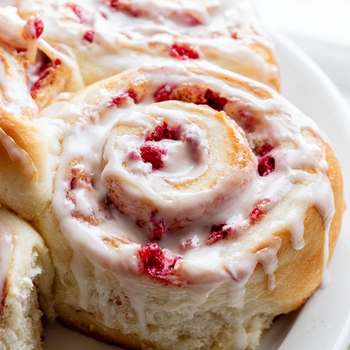 Golden strawberry cheesecake rolls drizzled with sweet vanilla glaze on a rustic plate