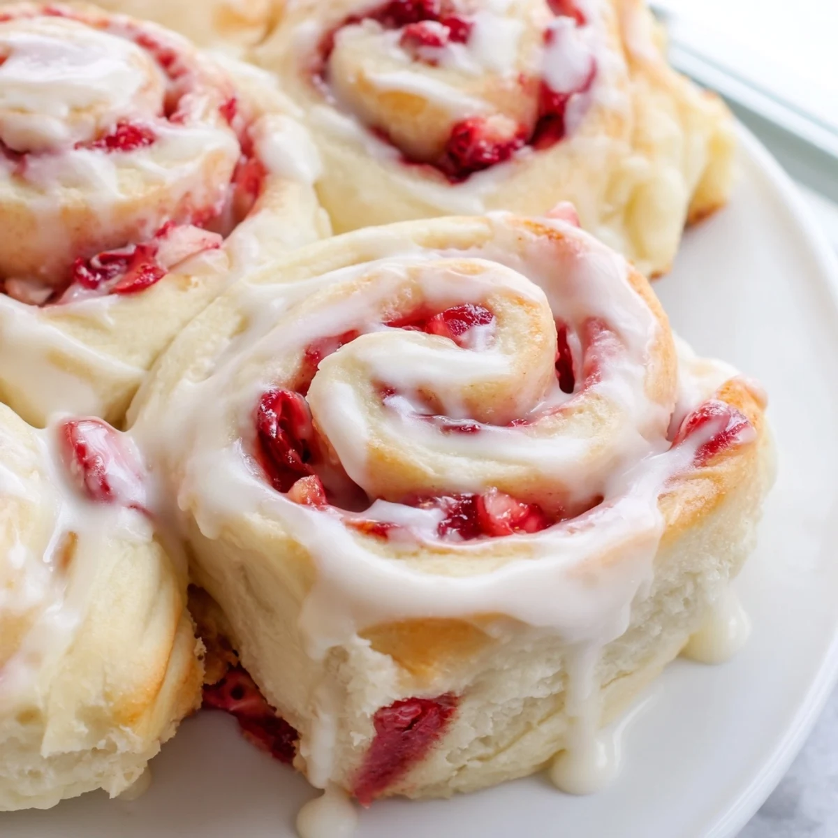 Soft pillowy strawberry cheesecake rolls oozing creamy filling and fresh baked berries