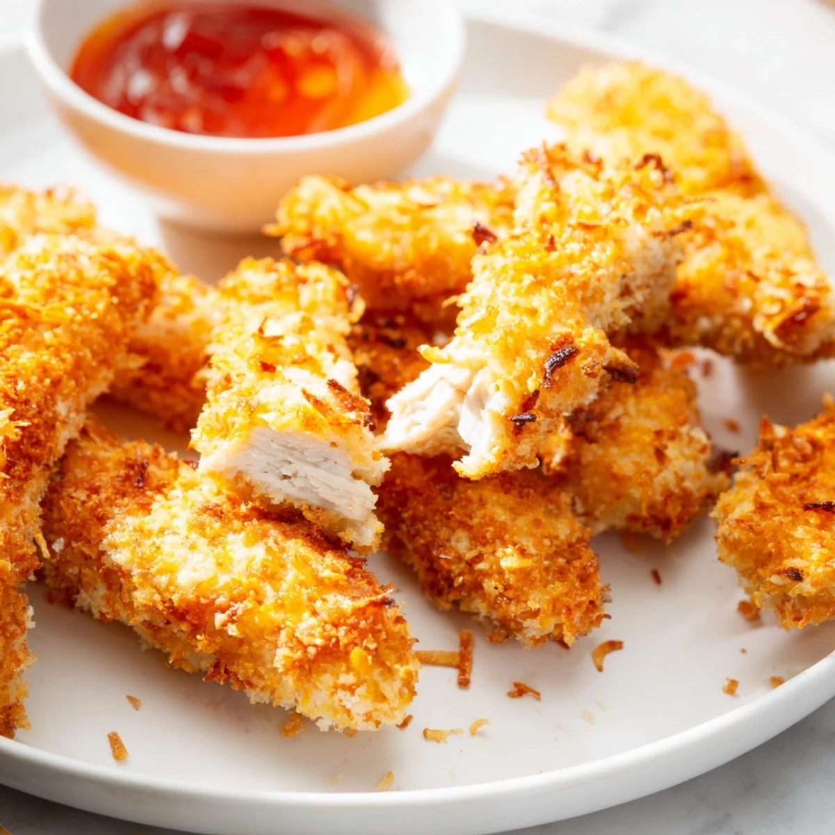 Golden crunchy coconut chicken strips served with sweet chili dipping sauce on a rustic plate