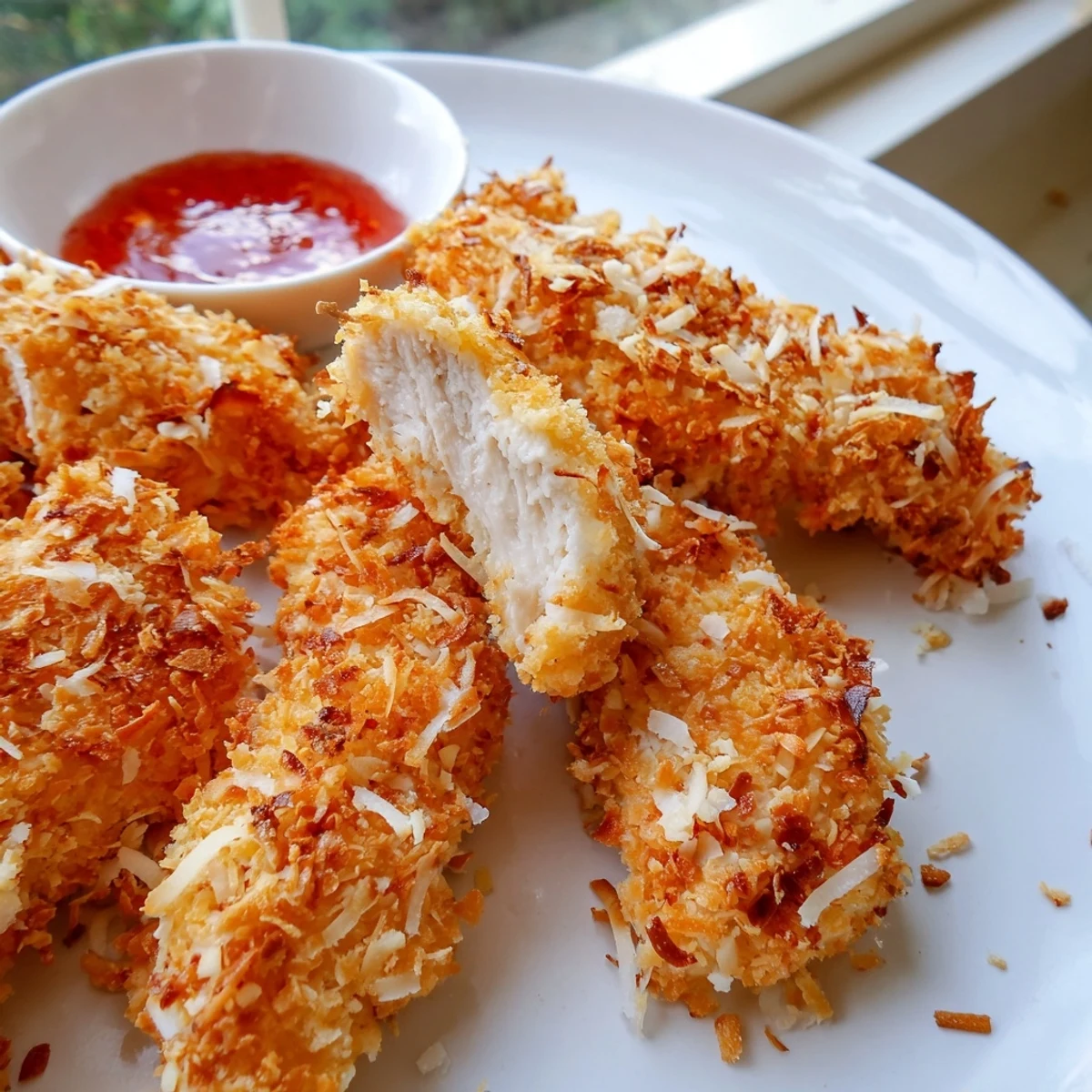 Crispy baked crunchy coconut chicken tenders arranged on parchment with mango chutney nearby