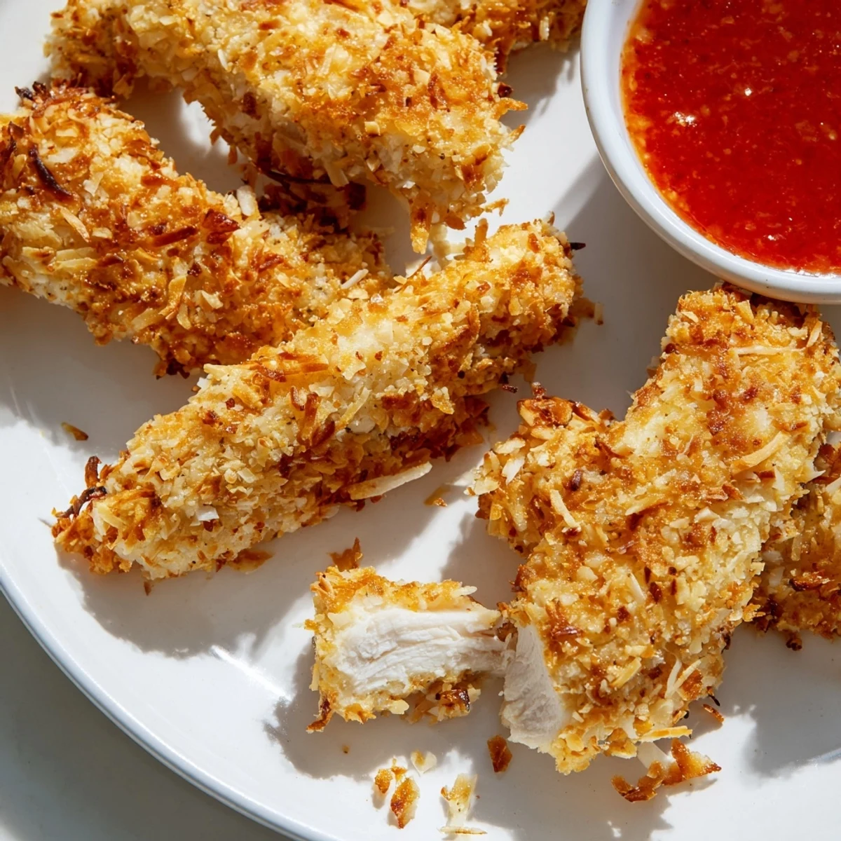 Juicy crunchy coconut chicken pieces with a toasted coconut crust fresh from the skillet