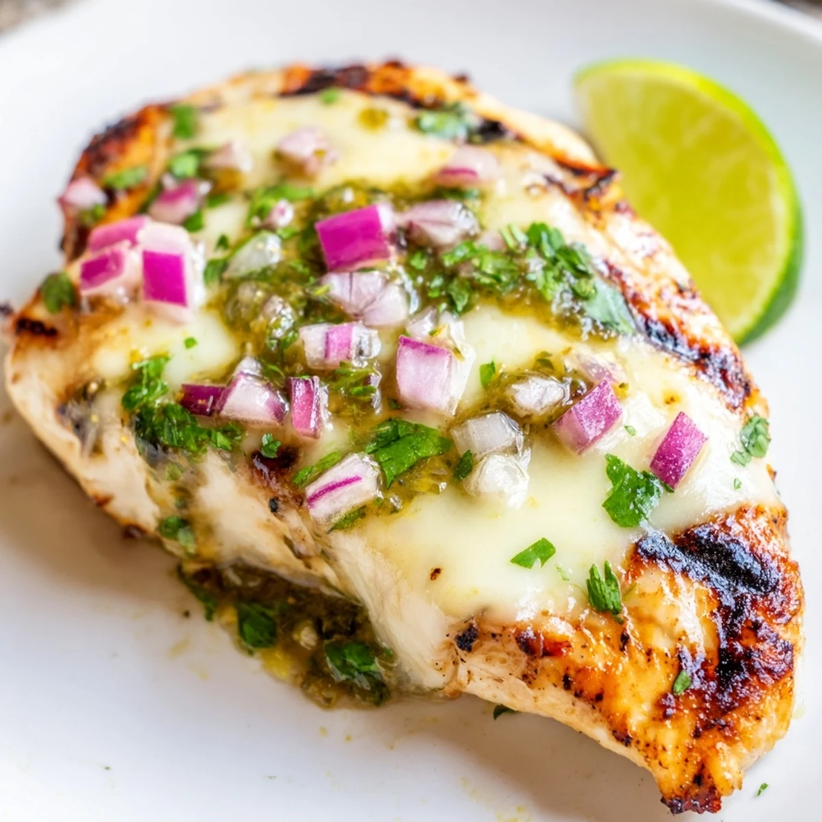 Golden grilled Pepper Jack chicken drizzled with bright salsa verde and fresh cilantro