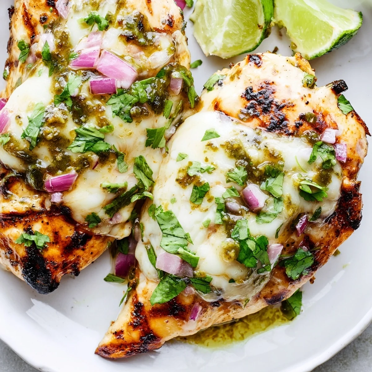 Juicy Pepper Jack chicken topped with bubbling melted cheese and zesty salsa verde