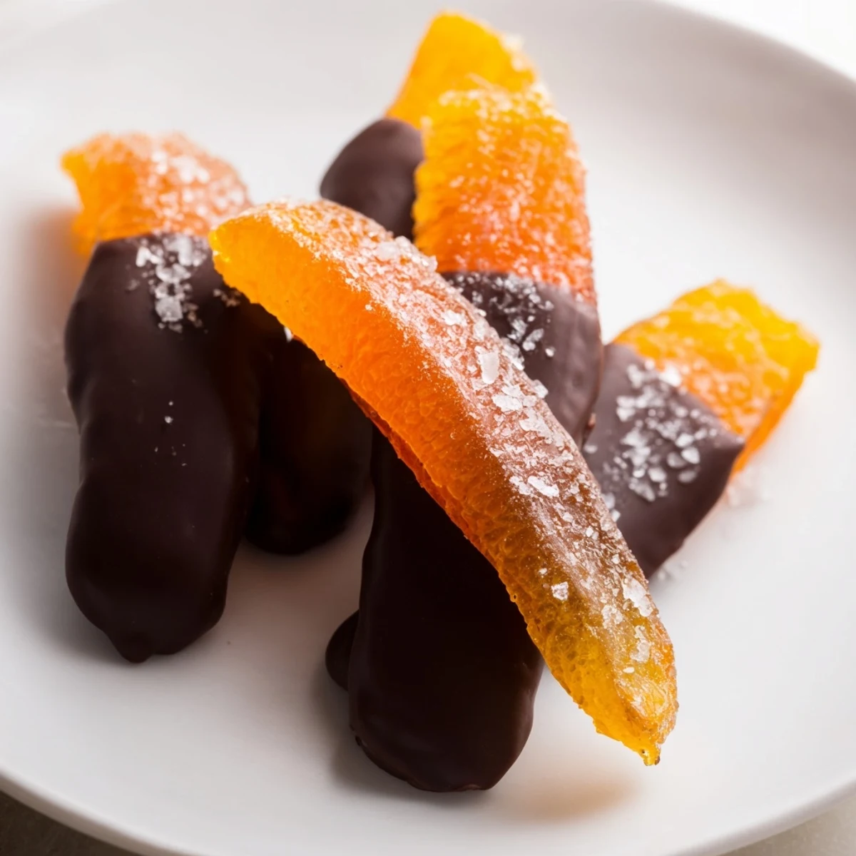 Glistening candied orange peels dipped in dark chocolate on parchment paper