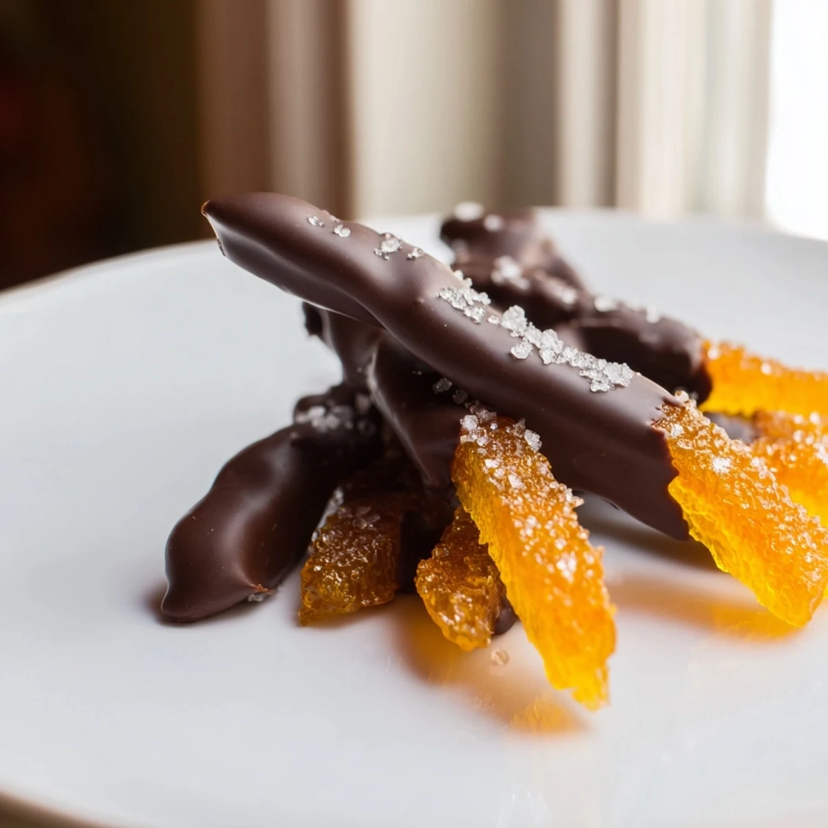 Chocolate covered orange peels coated in rich dark chocolate with sea salt