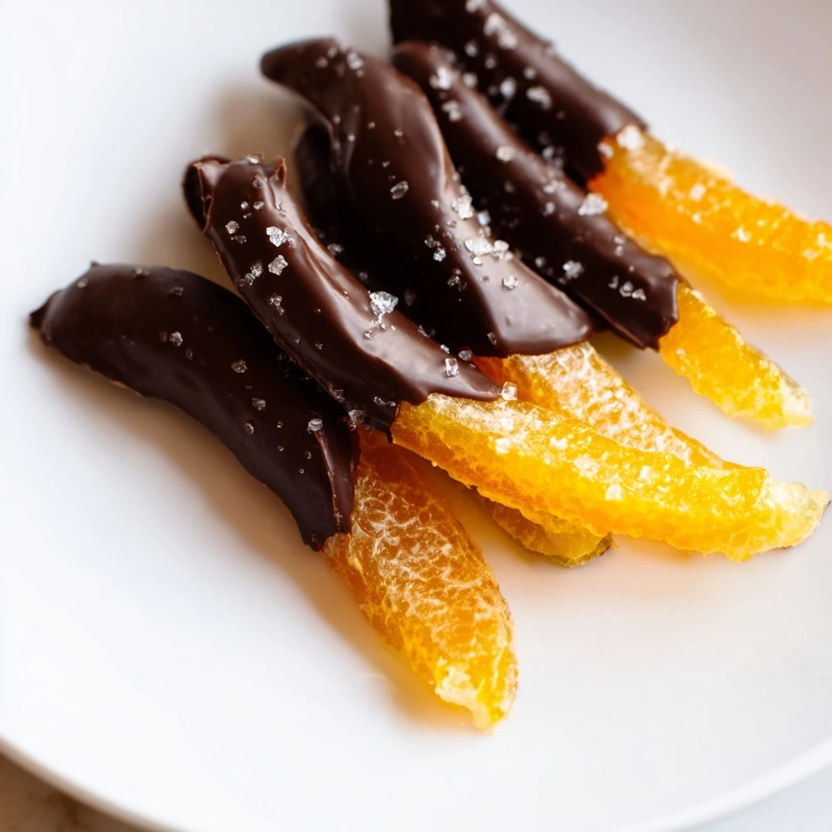 Candied citrus strips half-dipped in glossy dark chocolate ready for gifting