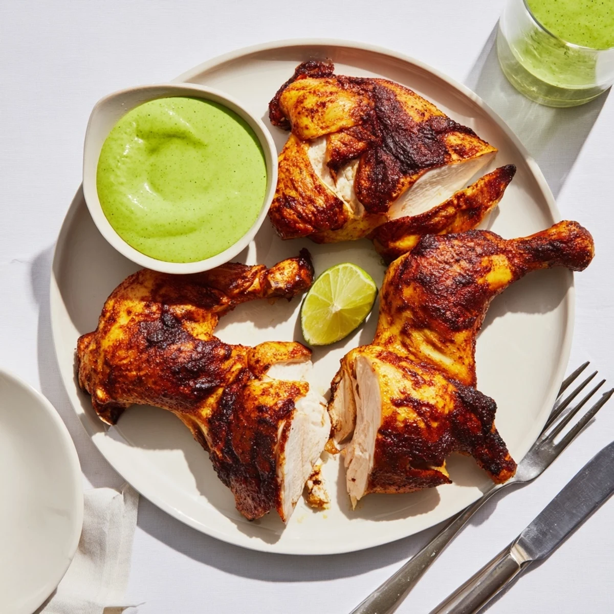 Golden roasted Peruvian chicken with crispy herb-marinated skin served fresh from the oven