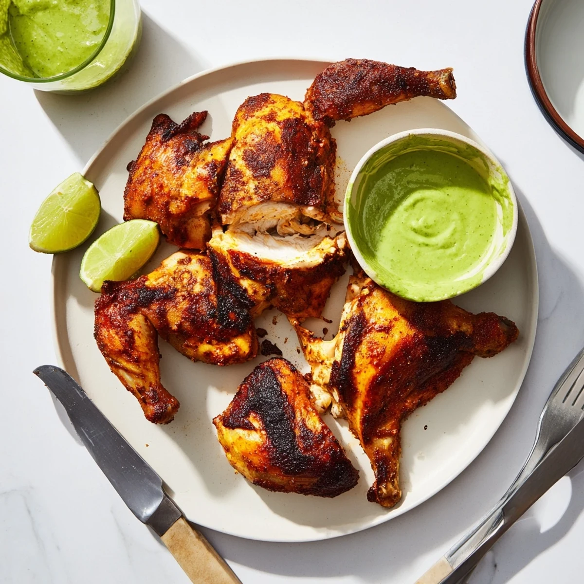Juicy Peruvian chicken carved on a wooden board with vibrant green aji verde sauce