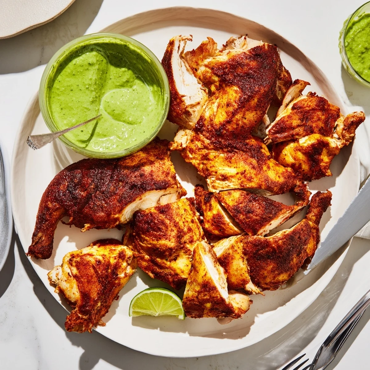 Tender spiced Peruvian chicken garnished with lime wedges and cilantro on a rustic platter