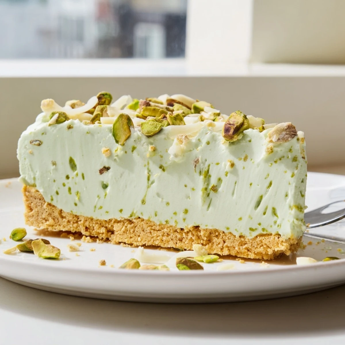 Creamy no bake pistachio cheesecake sliced and topped with crunchy chopped pistachios