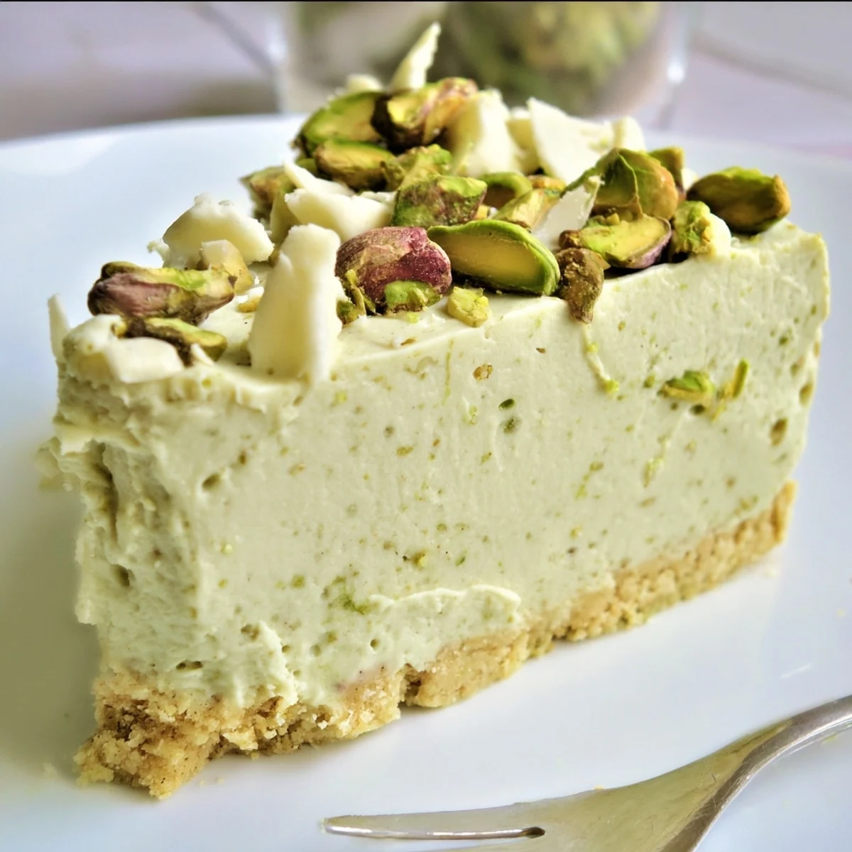 Chilled no bake pistachio cheesecake with a smooth pistachio filling ready to serve