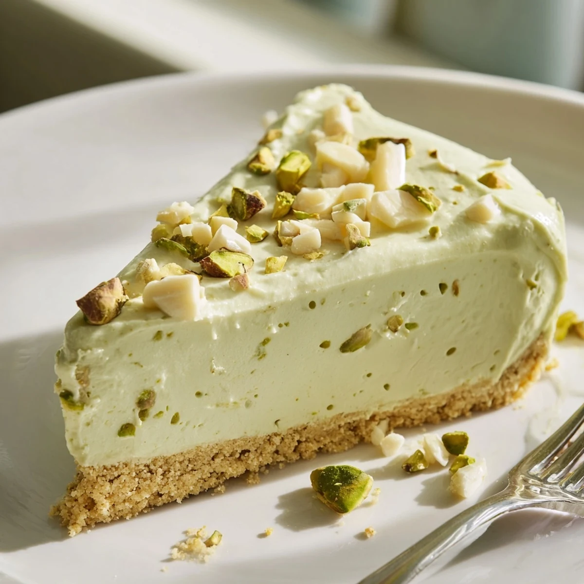 Velvety green no bake pistachio cheesecake nestled in a buttery graham cracker crust