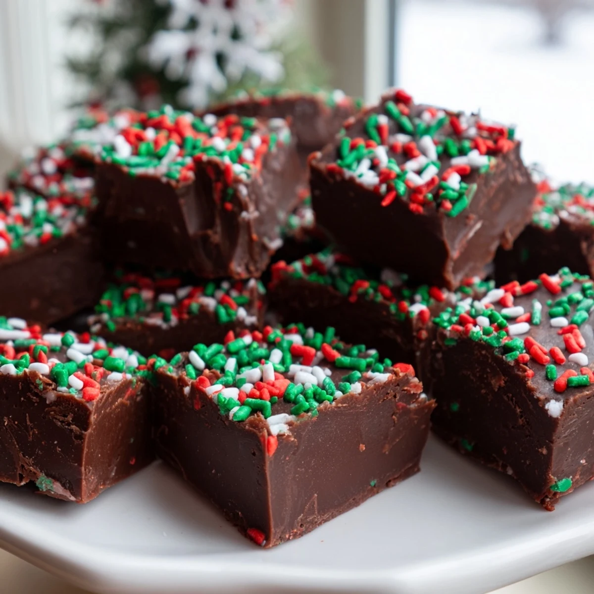 Creamy Christmas fudge with sprinkles cut into neat squares on a rustic cutting board
