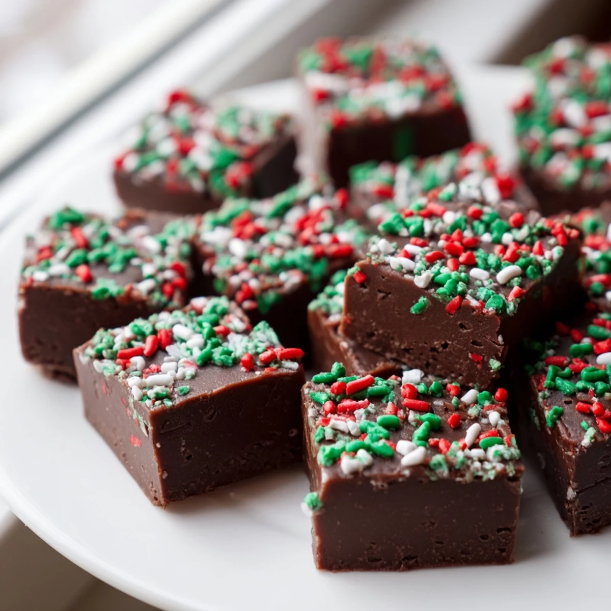 Rich chocolate Christmas fudge with sprinkles glistening under soft holiday kitchen lighting