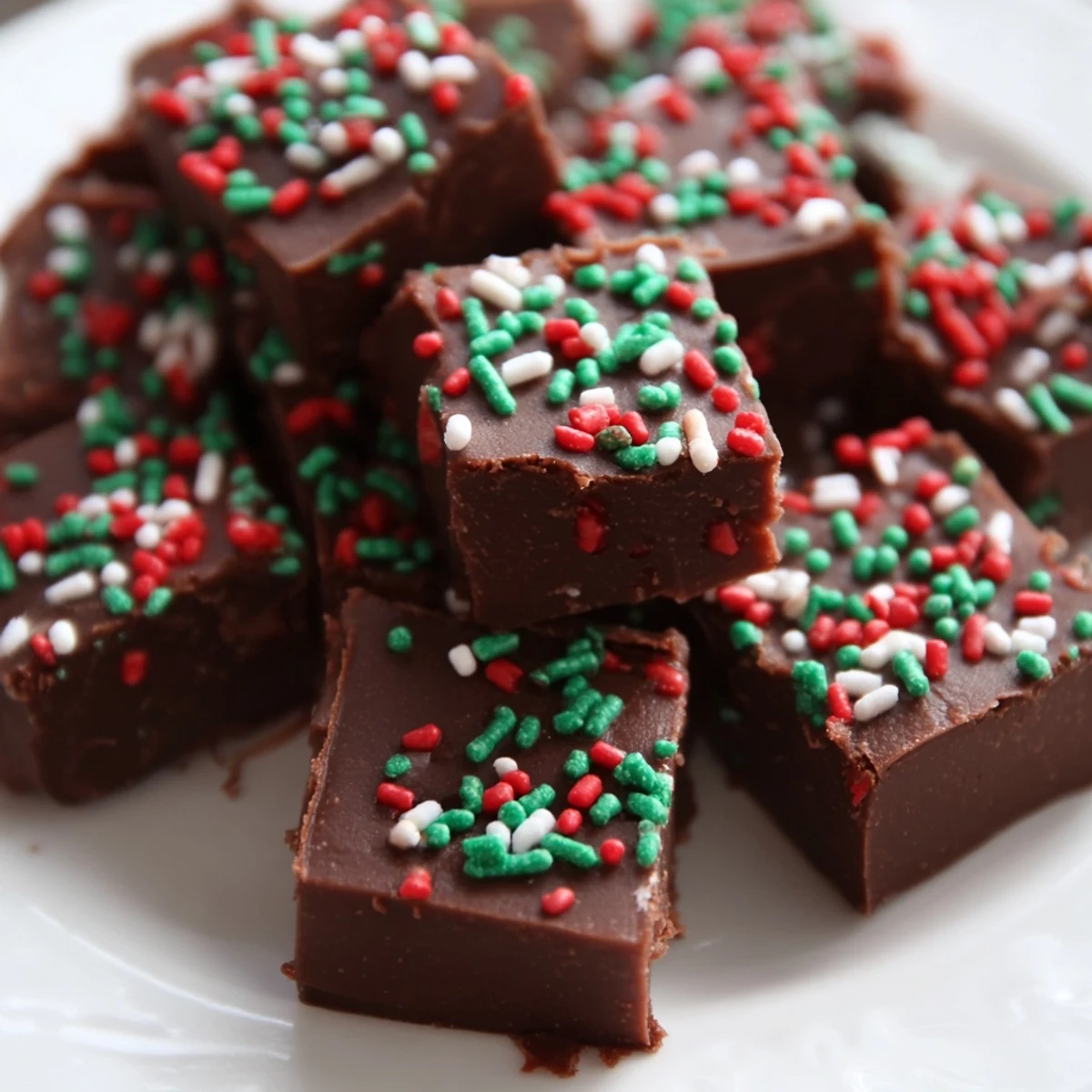 Smooth homemade Christmas fudge with sprinkles served on a festive red platter