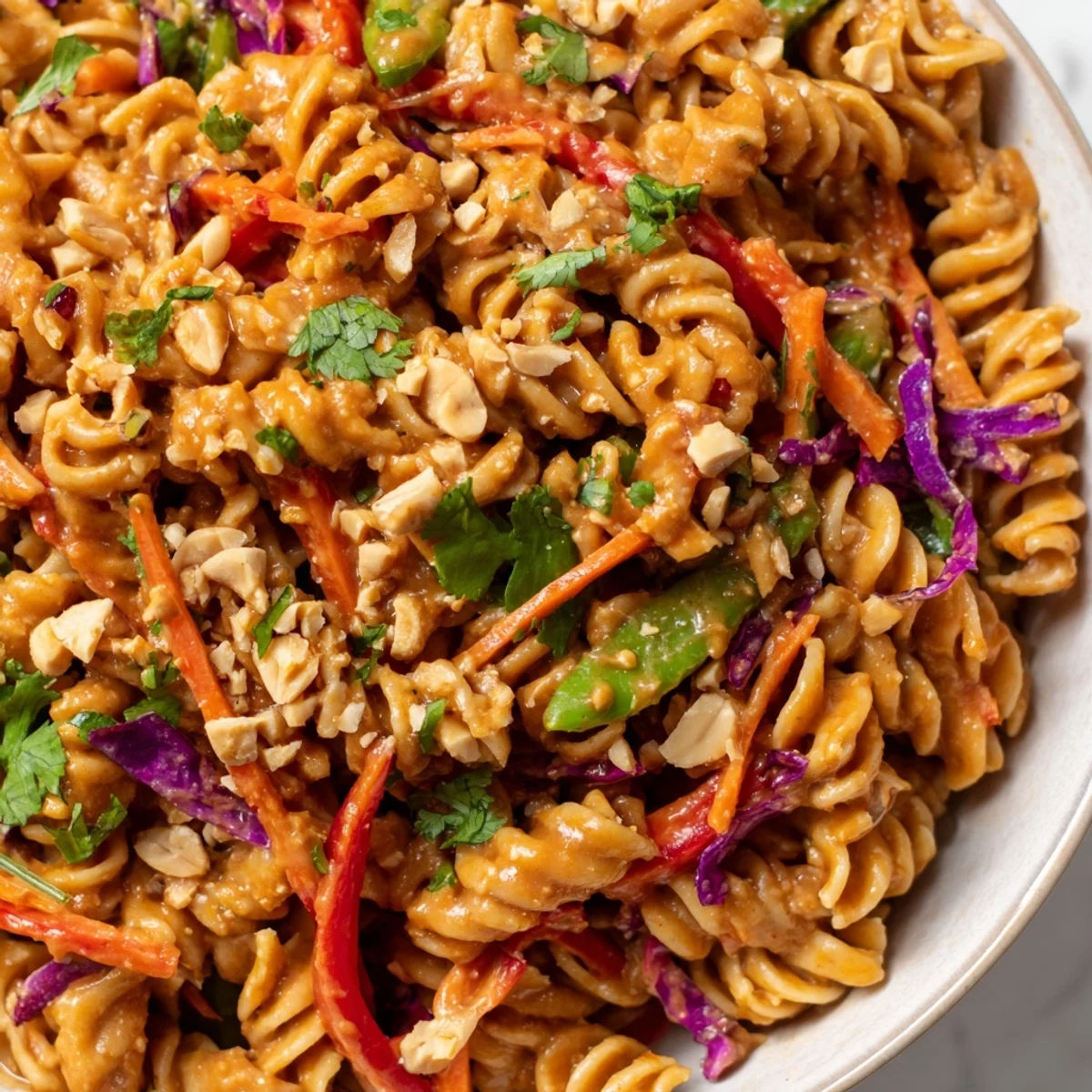 A vibrant spicy Thai pasta salad topped with crushed roasted peanuts and fresh cilantro