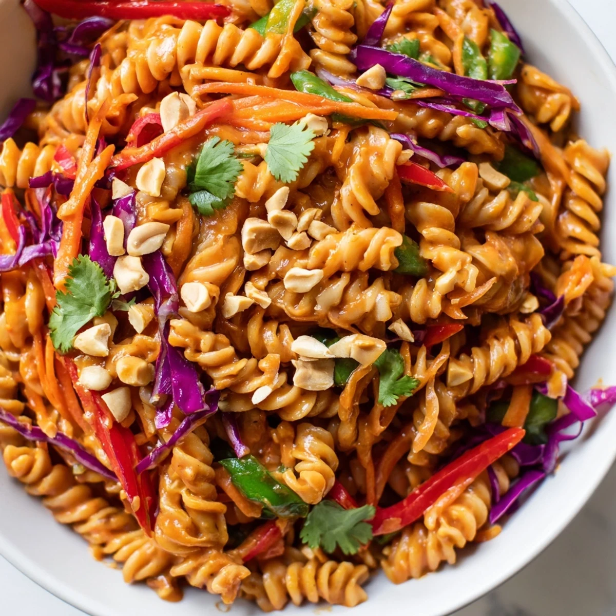 A chilled spicy Thai pasta salad served in a bowl with julienned carrots and snap peas