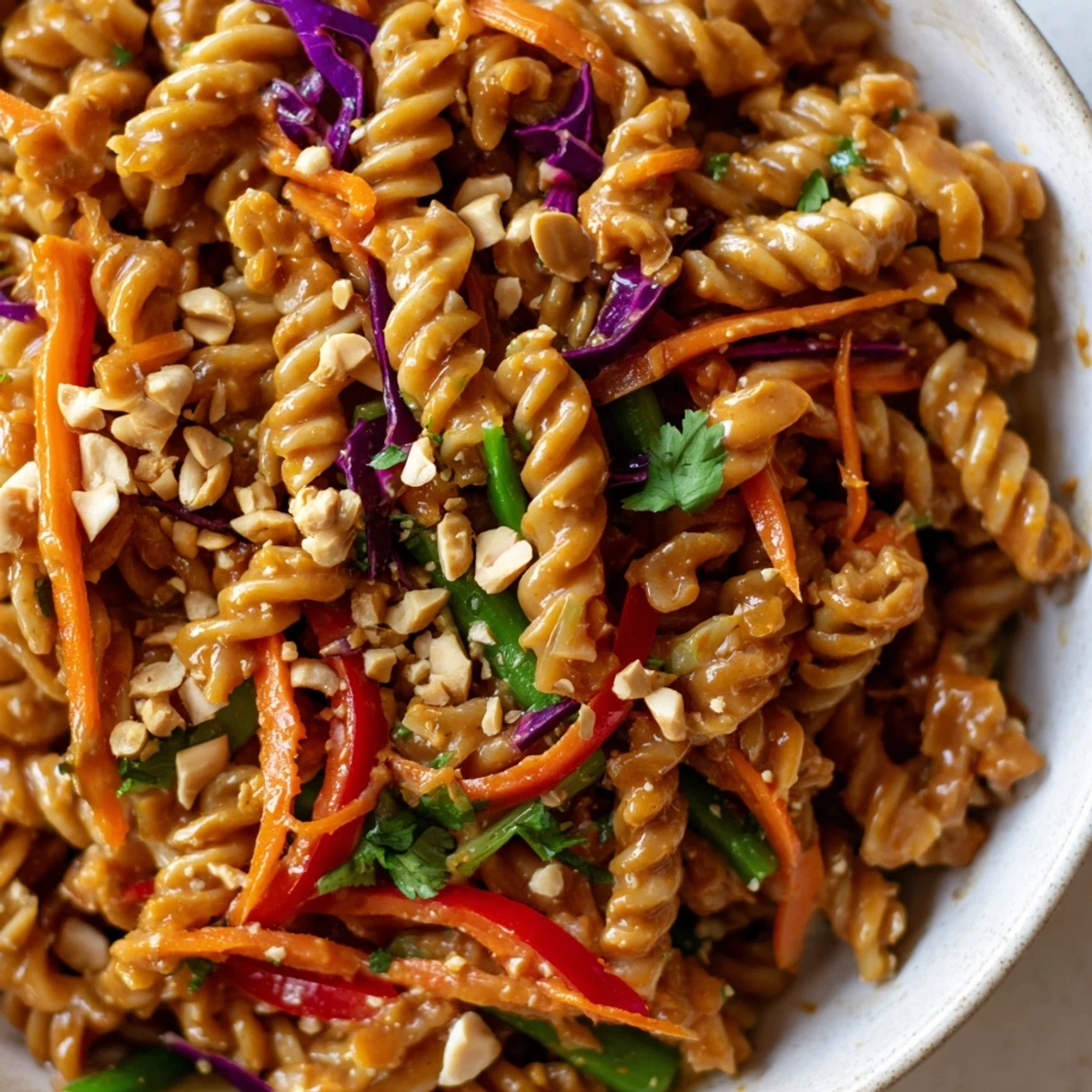 Colorful spiral pasta tossed with crisp vegetables and creamy spicy Thai peanut dressing
