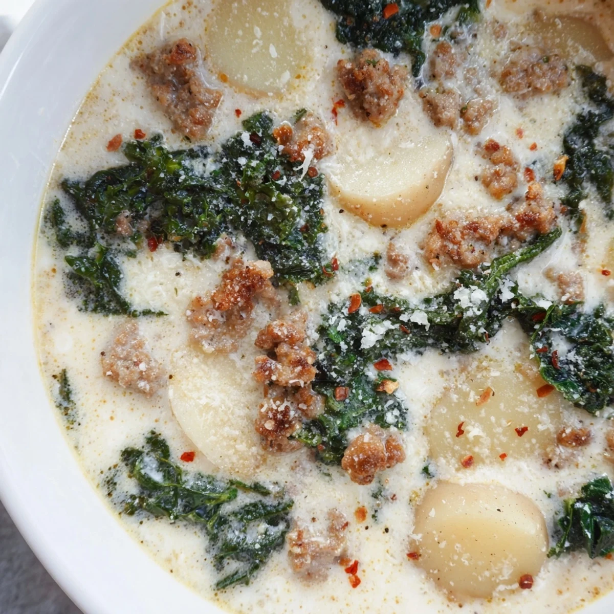 Creamy Zuppa Toscana soup loaded with sausage, kale, and tender potato slices
