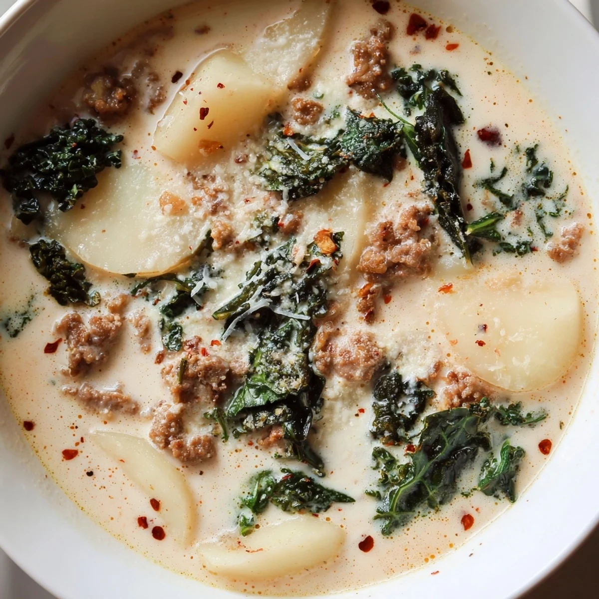 Steaming bowl of Zuppa Toscana soup topped with Parmesan and crusty bread
