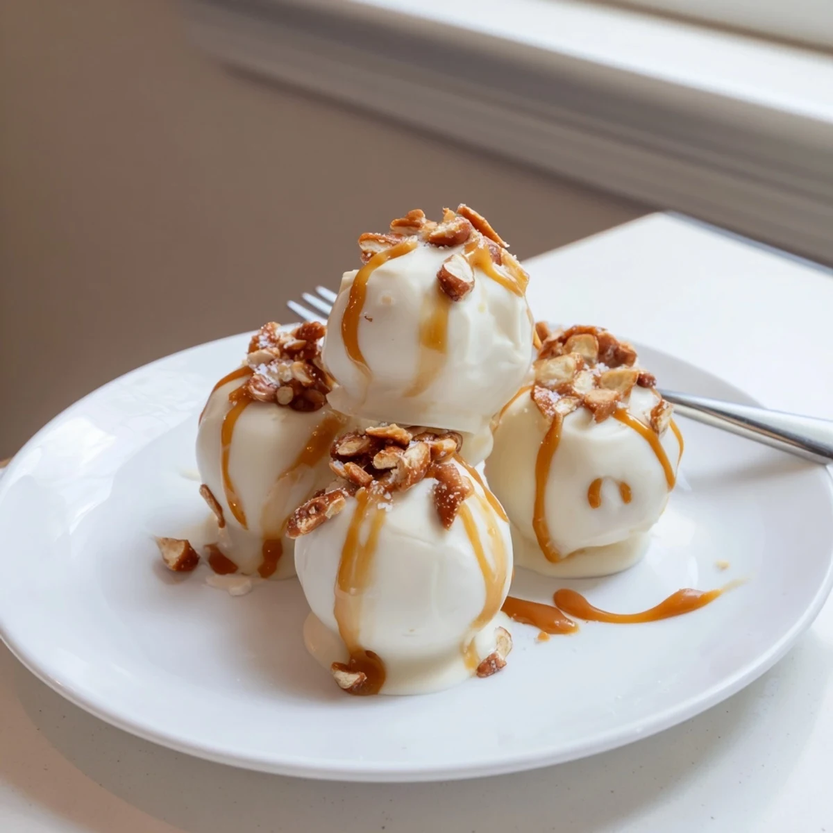 Creamy salted caramel pretzel cheesecake balls coated in melted white chocolate and crushed pretzels