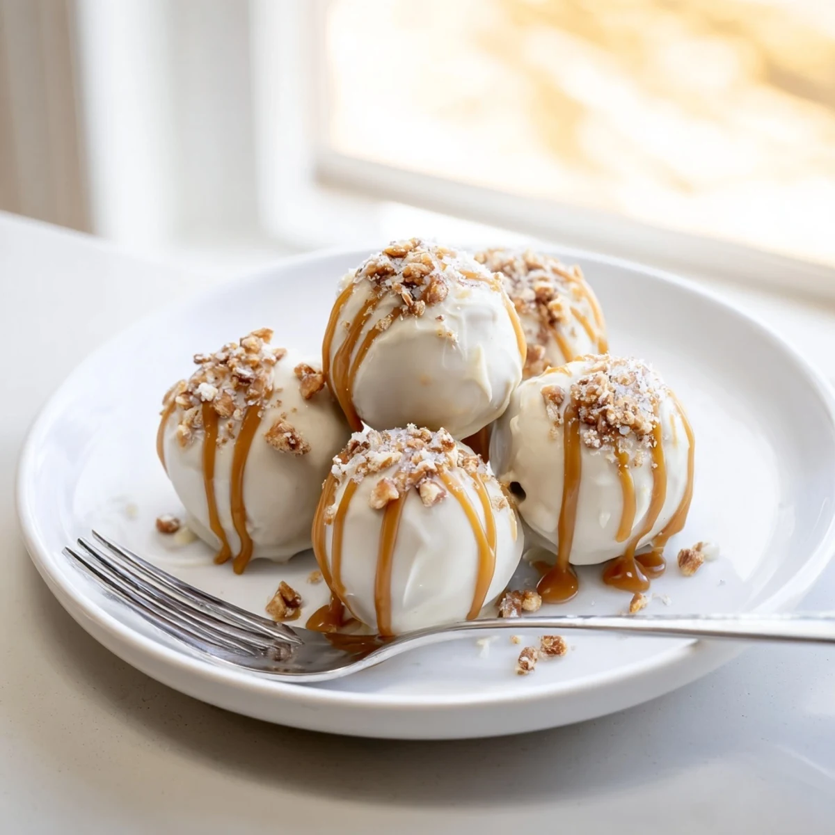Golden salted caramel pretzel cheesecake balls drizzled with caramel on a rustic tray