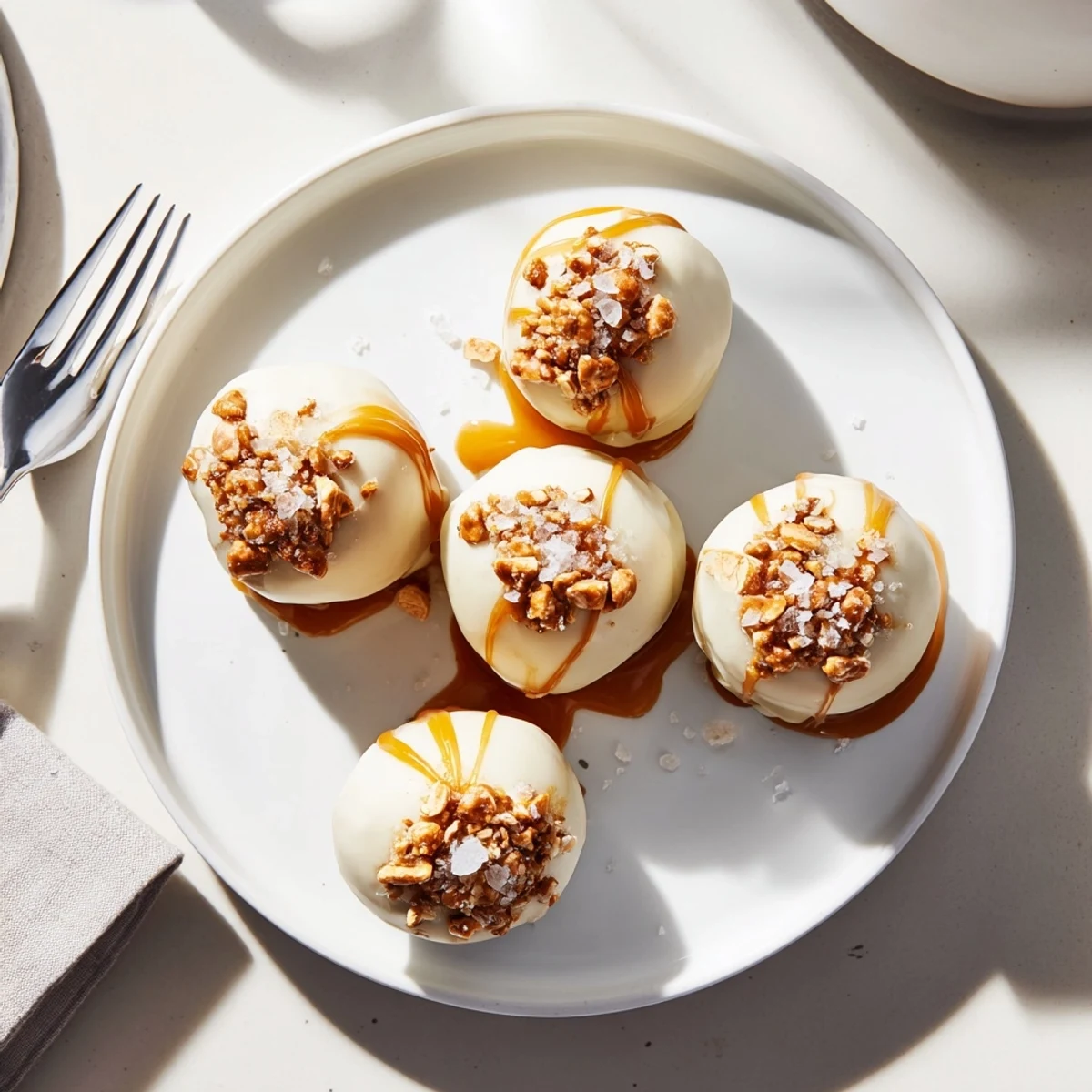 Bite-sized salted caramel pretzel cheesecake balls topped with flaky sea salt and gooey caramel drizzle