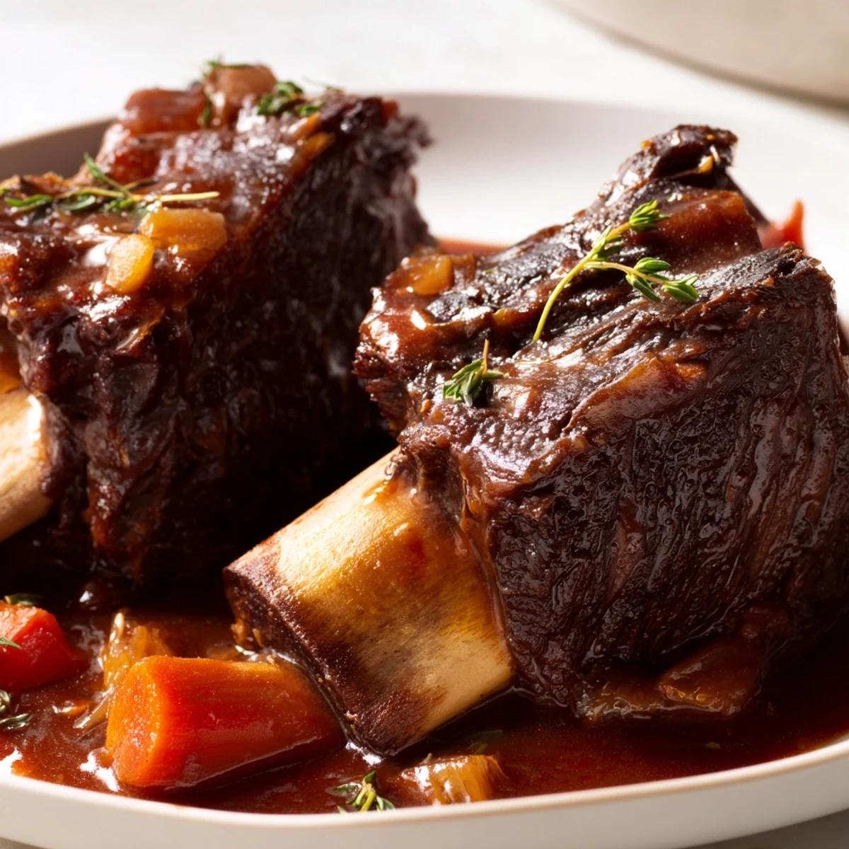 Fall-off-the-bone oven braised beef short ribs glistening with rich red wine sauce