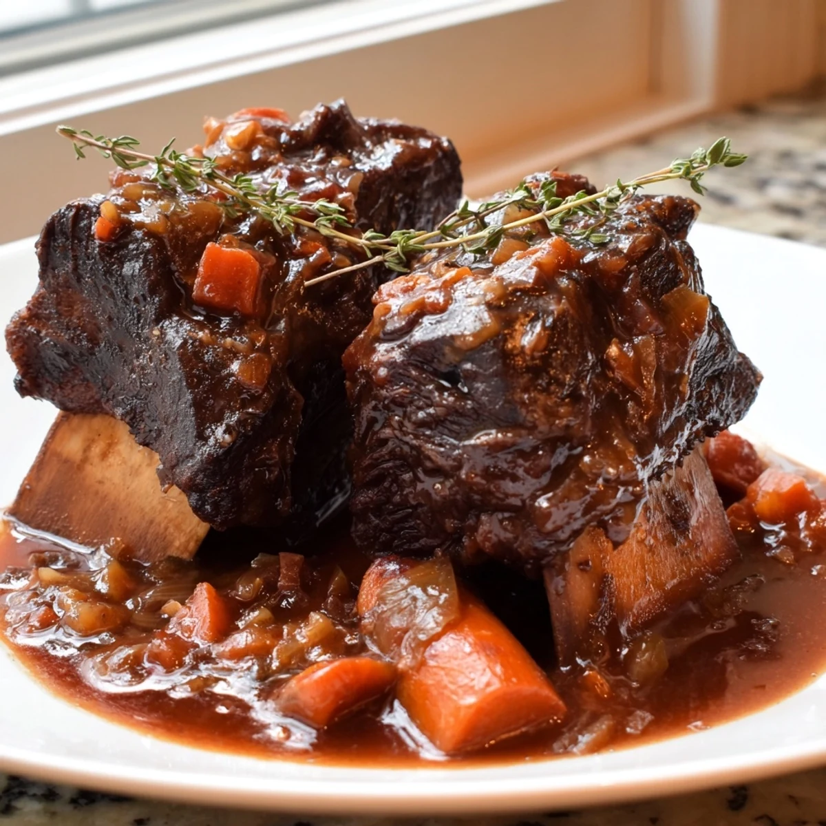 Tender oven braised beef short ribs nestled over creamy mashed potatoes with herbs