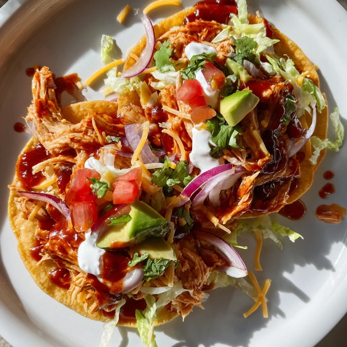 Crispy sweet smoky BBQ chicken tostadas piled high with melted cheese and fresh avocado slices.