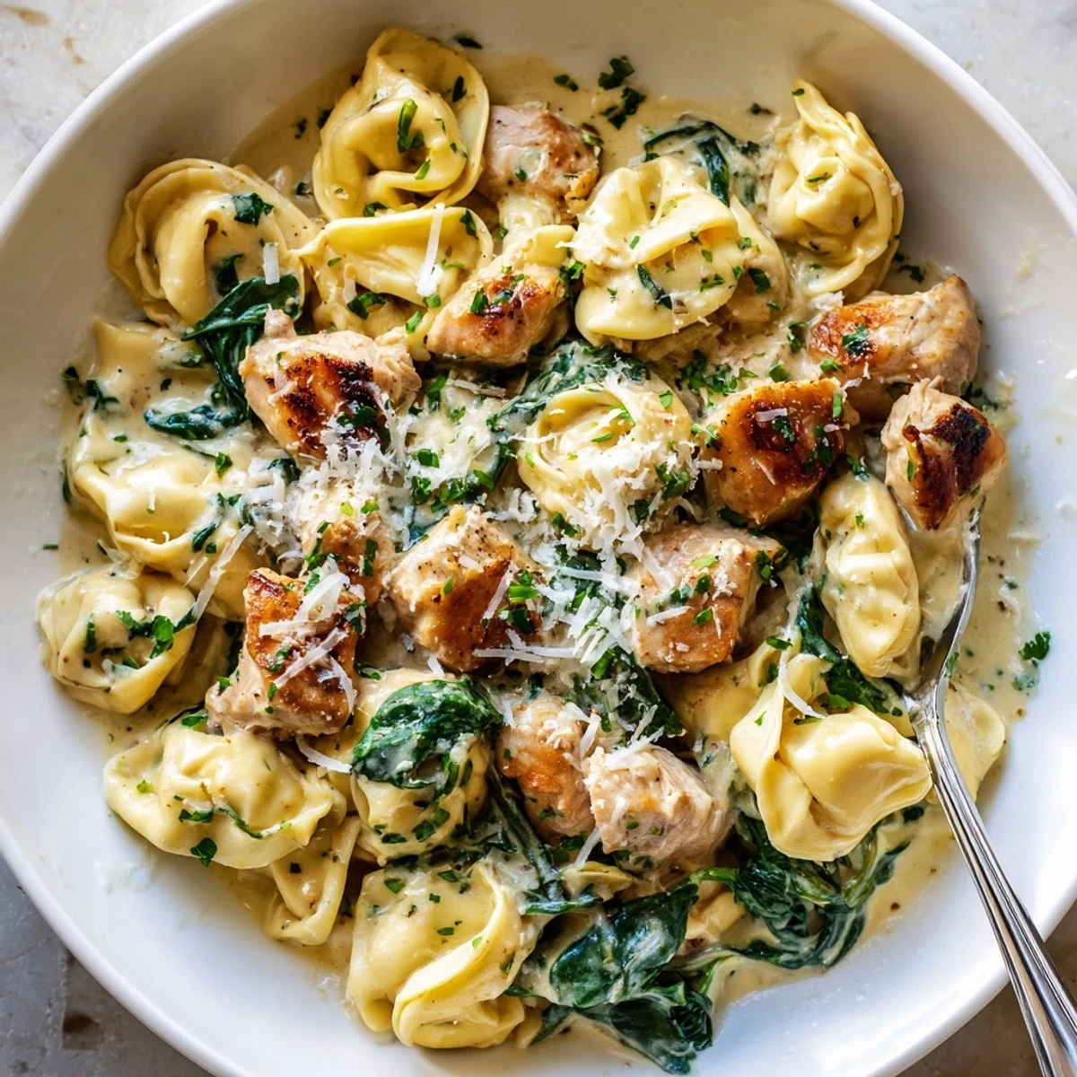 Steaming creamy garlic chicken tortellini with spinach topped with grated Parmesan and fresh parsley